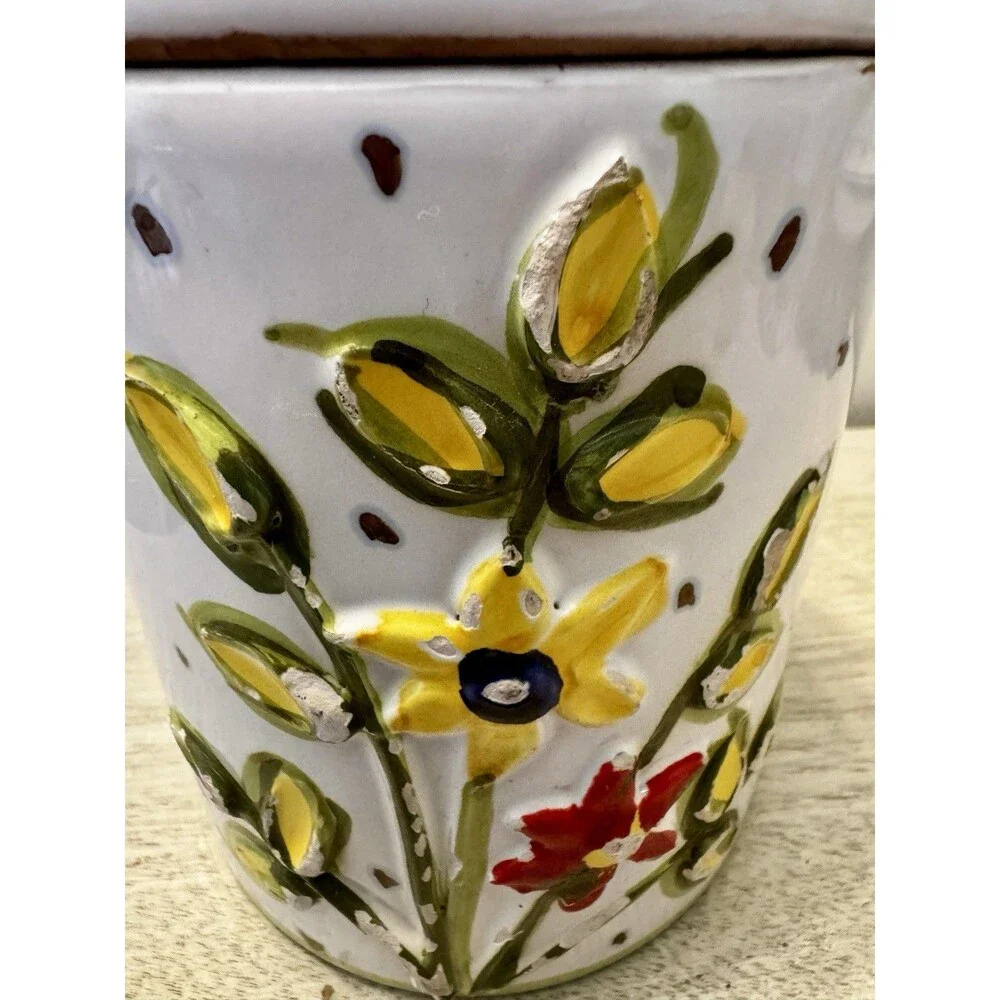 Vintage Italian Hand Painted Ceramic Canister 3D Floral Design Signed 6
